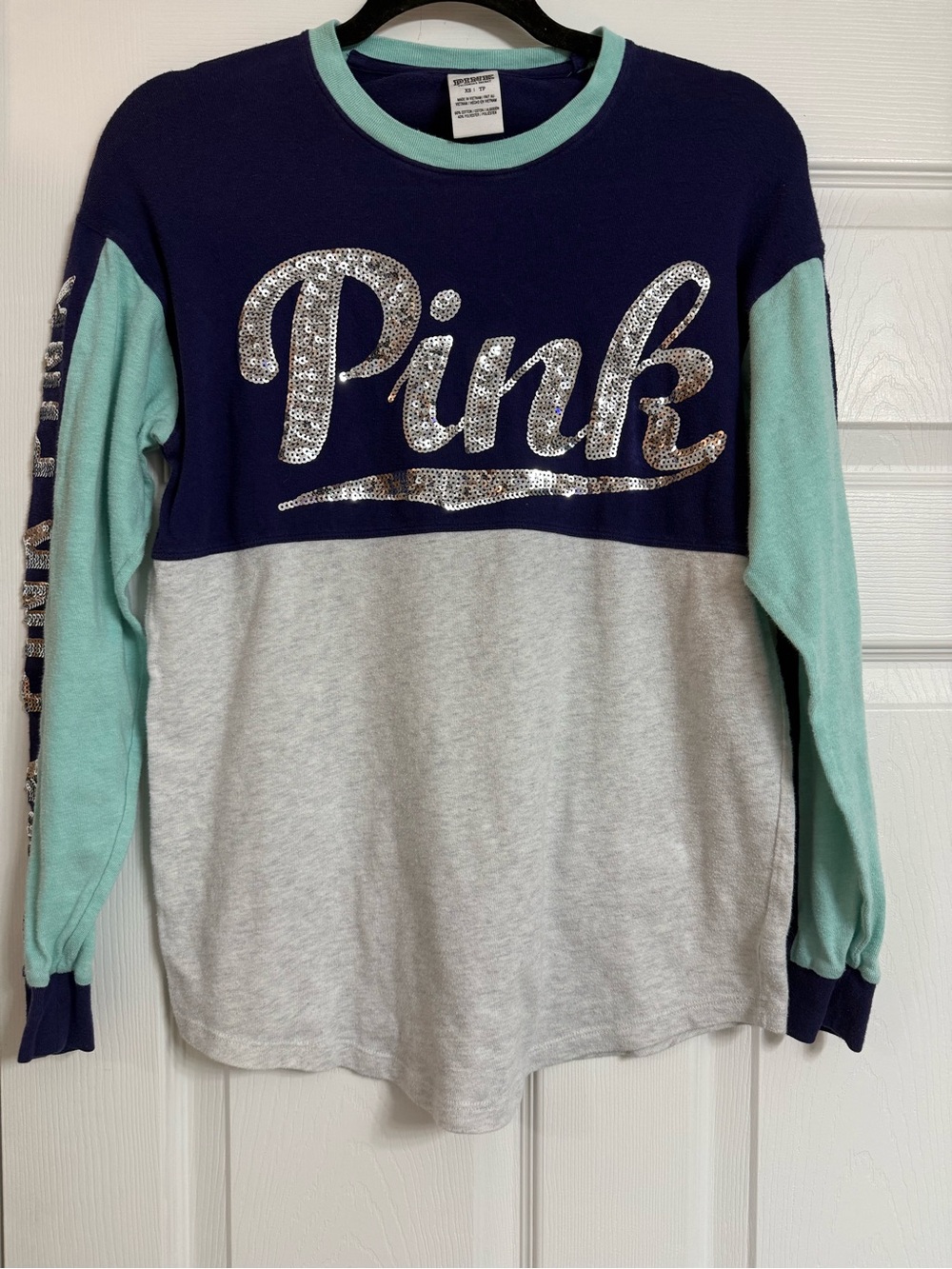PINK Victoria's Secret Navy, Mint & Gray Sequin Logo Long Sleeve Tee
